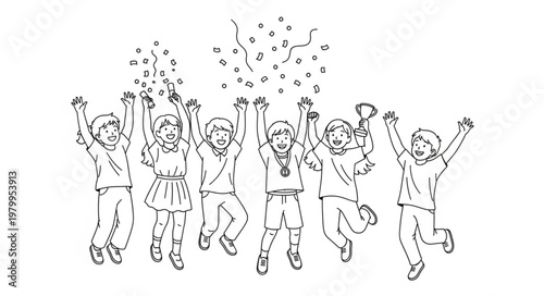 Happy Children Jumping with Confetti Illustration.