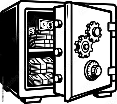 Financial security concept with an open metal safe box overflowing with bundles of cash, representing wealth protection, savings, and investment success in a secure environment illustration