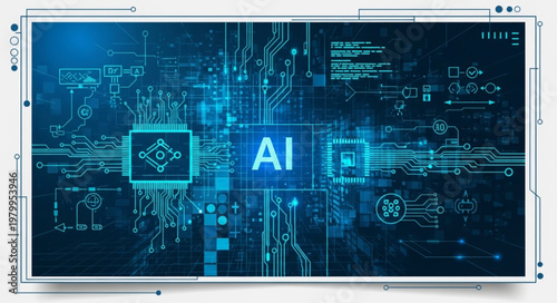 Futuristic Artificial Intelligence Circuit Board Microchip Closeup.