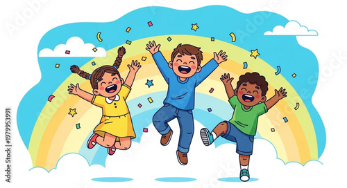 Happy Children Jumping Under a Colorful Rainbow.