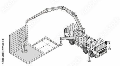 Isometric Vector Illustration of a Concrete Pump Truck Pouring a Building Foundation on a Construction Site