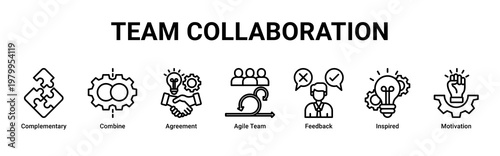Team Collaboration devops banner with teamwork,feedback and communication icons for agile culture and team synergy