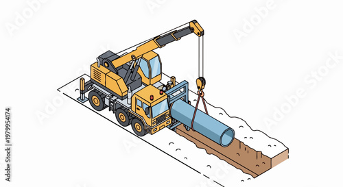 Isometric Construction Truck Crane Lowering Large Industrial Pipe into Trench - Infrastructure Pipeline Installation Concept Illustration