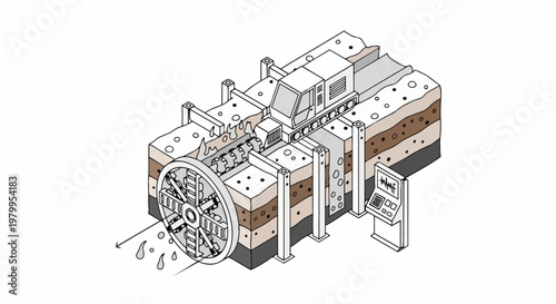 Isometric Engineering Illustration of a Tunnel Boring Machine Excavating Underground Strata with Control Monitoring Station
