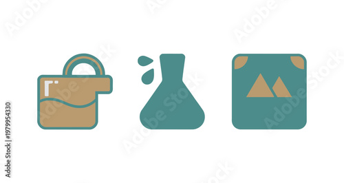 Three flat vector icons depicting medical and technical testing tools for laboratory, diagnostics, and analysis equipment design