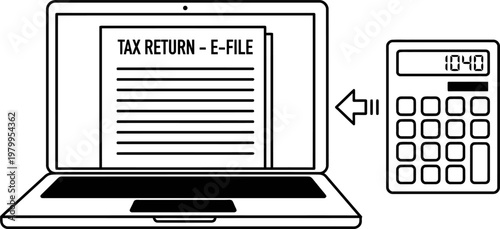 Online tax filing and calculation on laptop and calculator