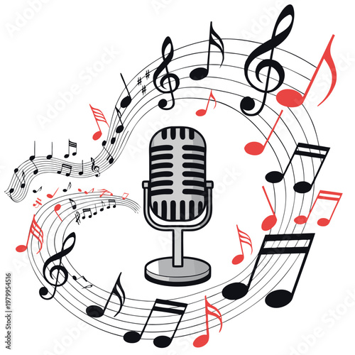 microphone surrounded by swirling musical notes