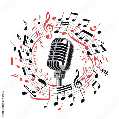 microphone surrounded by swirling musical notes