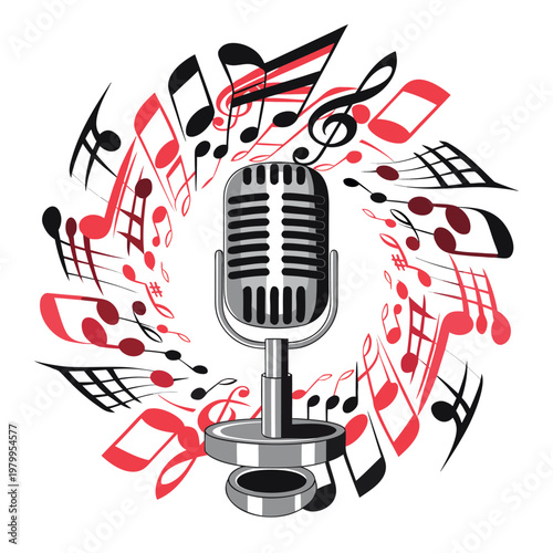 microphone surrounded by swirling musical notes