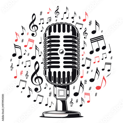 microphone surrounded by swirling musical notes