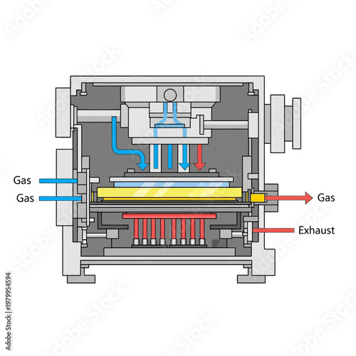 Cross-section diagram of a vacuum deposition chamber with heating elements and gas flow.