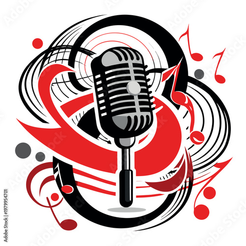 microphone surrounded by swirling musical notes