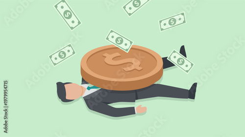Businessman crushed by giant dollar coin with money falling, financial burden