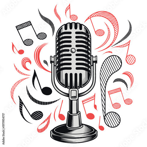 microphone surrounded by swirling musical notes