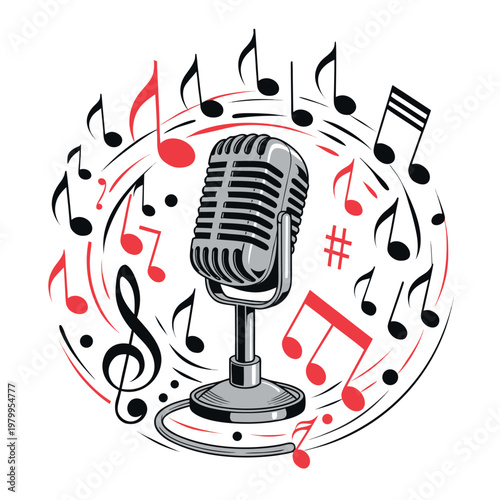 microphone surrounded by swirling musical notes