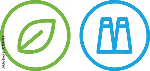 Green leaf and industrial factory chimney icons representing environmental protection and sustainable manufacturing for corporate business