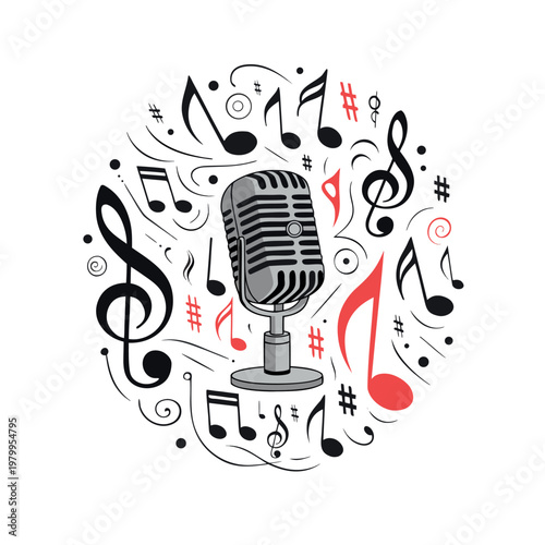 microphone surrounded by swirling musical notes