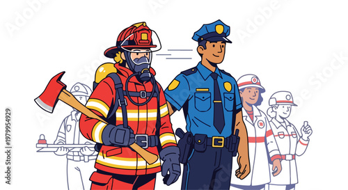 First responders standing together, firefighter, police officer, and medical team in background