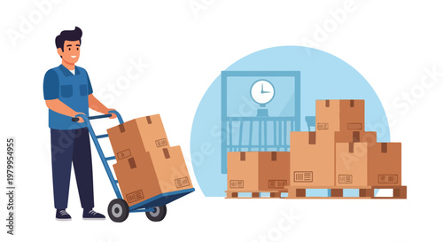 Warehouse worker transporting boxes on a hand truck with stacked packages