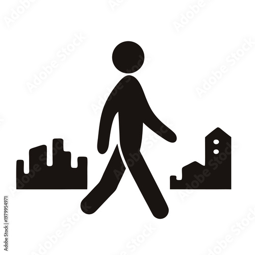 Silhouette Icon of Pedestrian Walking in a City Environment with Buildings