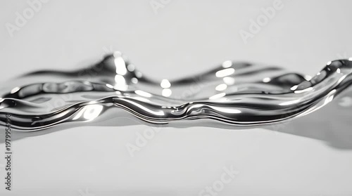 Futuristic Liquid Silver Chrome Waves Flowing on White Background.