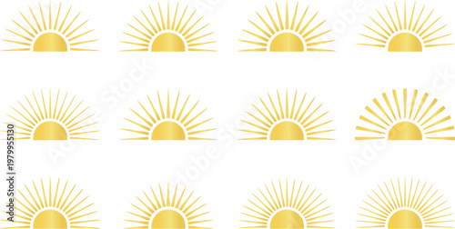Set of gold gradient sun symbols with decorative light rays representing morning sunrise or evening sunset for modern graphic design.
