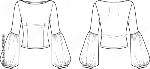 Elegant Boat Neck Long Sleeve Blouse with Voluminous Balloon Cuffs Technical Fashion Illustration Front and Back View White Vector Sketch