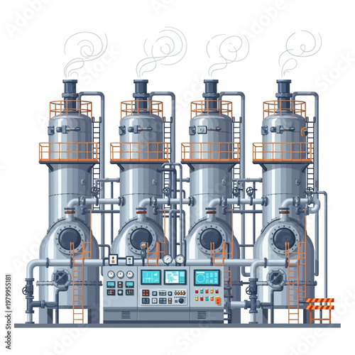Industrial Chemical Plant with Distillation Towers and Control Panel