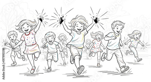 Happy Children Running with Sparklers on a Festive Occasion.