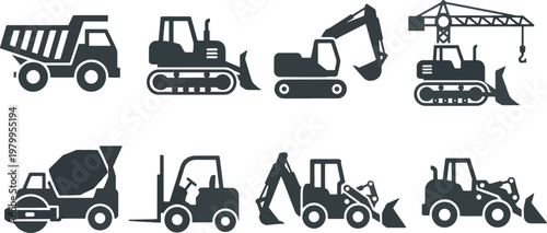 Heavy construction machinery black silhouette icons set with excavator bulldozer crane and dump truck isolated on white background