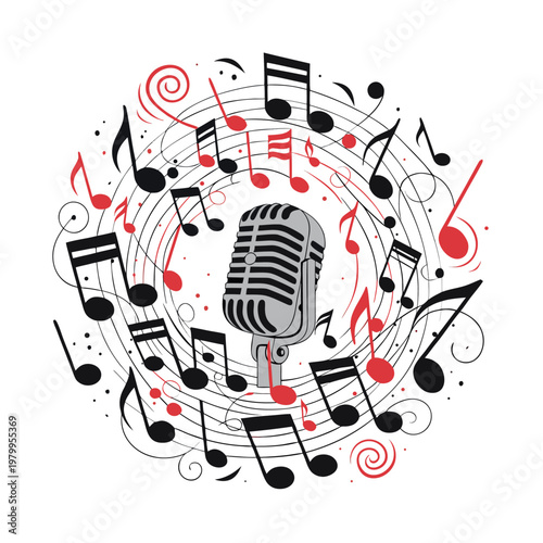 microphone surrounded by swirling musical notes