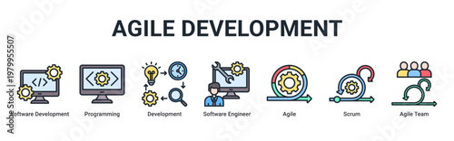 Agile Development devops banner with programming,software engineering and scrum workflow icons for modern development process