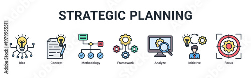 Strategic Planning devops banner with concept,framework and system workflow icons for modern software strategy illustration