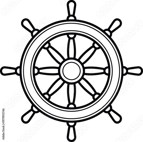 Nautical wooden ship steering wheel used for navigation on traditional sailing vessels at sea on water
