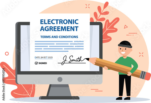 Online agreement signing concept with electronic document terms and conditions digital signature approval and contract confirmation illustration.eps