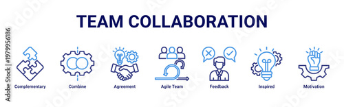 Team Collaboration devops banner with teamwork,feedback and communication icons for agile culture and team synergy
