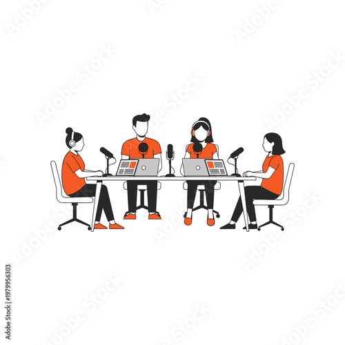 A team engaged in a virtual meeting or podcast recording session together