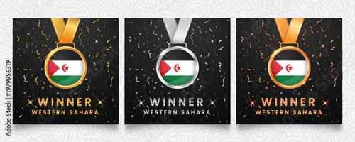 Shiny winner medals (gold, silver, bronze) featuring the flag of Western Sahara. Vector awards with glitter and confetti for achievement, excellence, and national pride on a dark background.