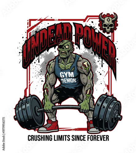Illustration of a green muscular zombie character performing a deadlift with a heavy barbell wearing a gym tank top and shorts isolated on transparent background vintage gym t-shirt design