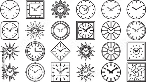 A collection of various clock designs showcases the passage of time. The graphic illustration presents diverse styles and shapes.