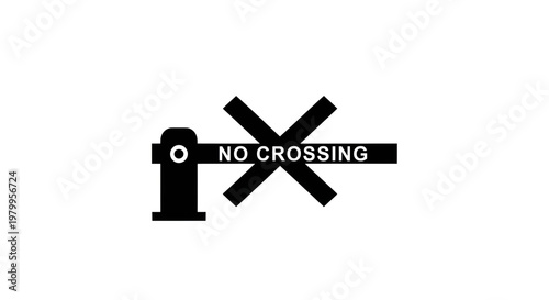 A black and white graphic symbol representing a railway crossing with a barrier and a no crossing.