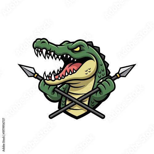 Fierce Alligator Mascot with Crossed Spears Illustration.
