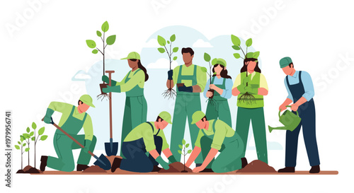 Diverse group of people planting trees and gardening together outdoors