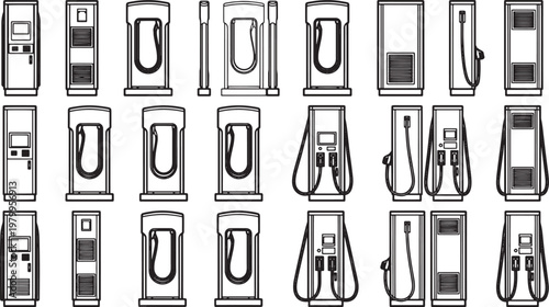 Array of electric vehicle charging station icons showcase diverse designs and perspectives, highlighting innovation in green energy and transport.