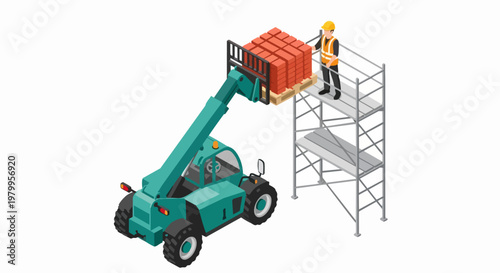 Isometric Telehandler Lifting Pallet of Bricks to Construction Worker on Scaffolding Platform