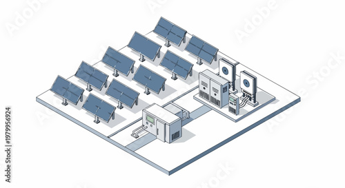 Isometric Solar Energy Power Plant Illustration with Photovoltaic Panels and Battery Storage System