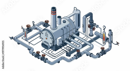 Isometric Industrial Boiler System Illustration with Complex Pipes, Valves, and Gauges for Engineering and Factory Concepts