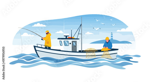 Illustration of two fishermen on a small boat fishing in calm waters with a scenic view