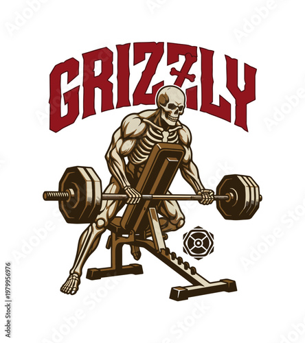 Illustrative graphic of a muscular skeleton performing a bench press exercise with a barbell on a weight bench vintage gym t-shirt design