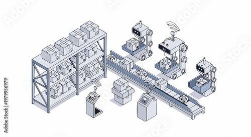 Isometric Automated Warehouse with Robots, Conveyor Belt, and Smart Logistics Technology for E-commerce and Industry 4.0